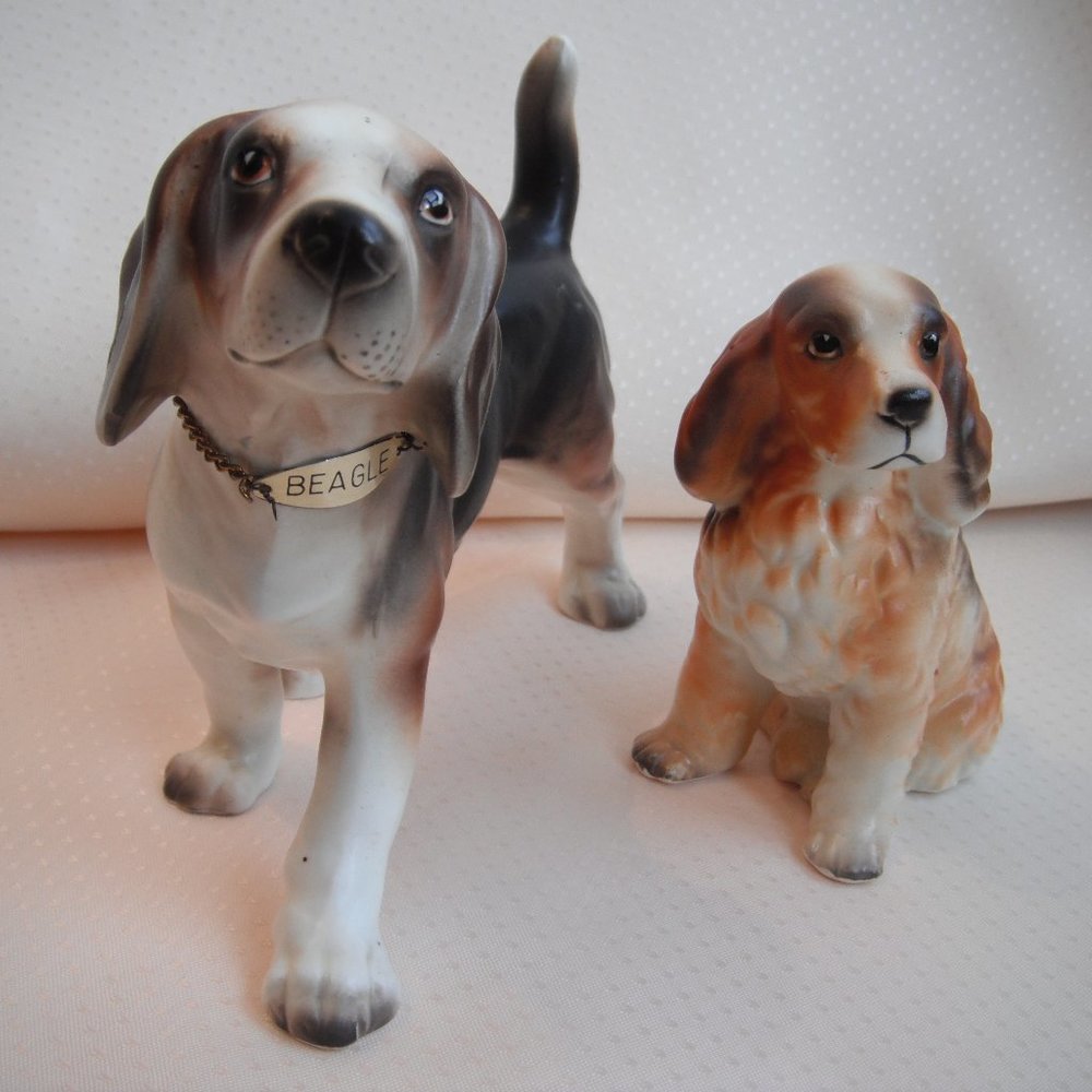 Vintage Dog Figurine Ceramic Porcelain White Brown Japan Lot of 2